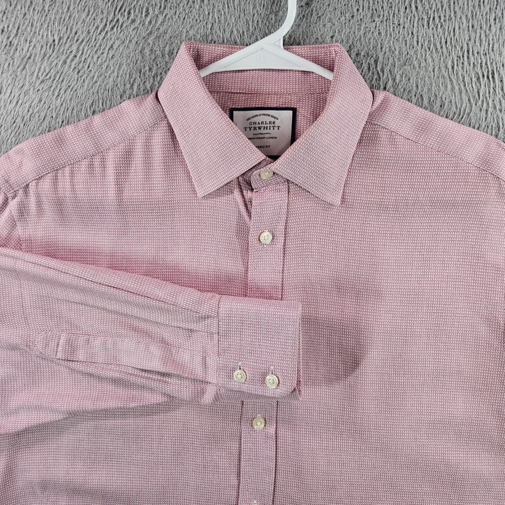 Charles Tyrwhitt Mens 16/35 Classic Fit Pink Cotton Dress Shirt Micro Pattern